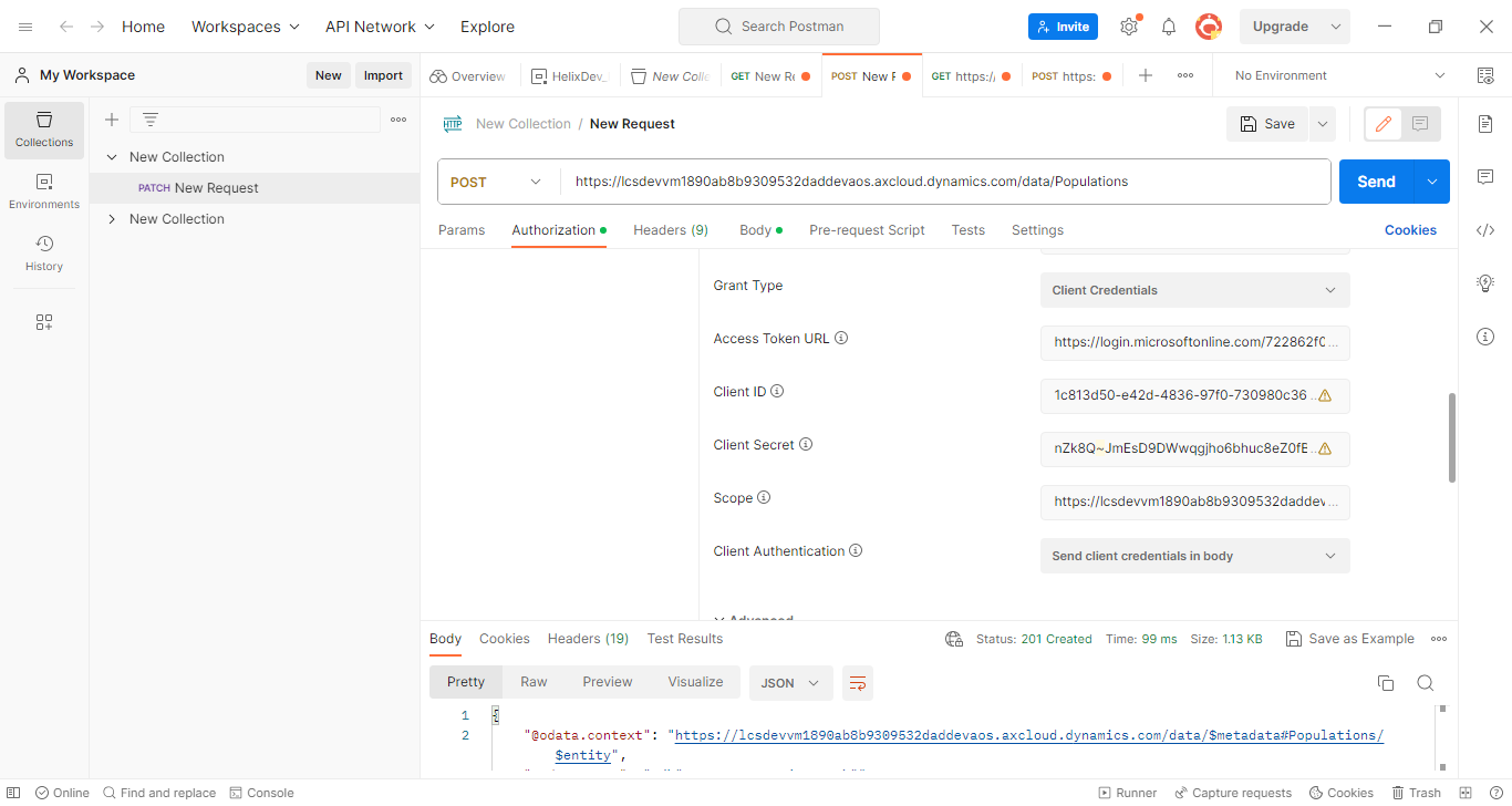 Fill details for Authentication  - Access Data Entity using Postman D365 F&O