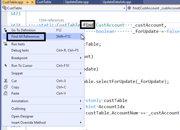 Debug Code using Find All References - D365 - Visual Studio
